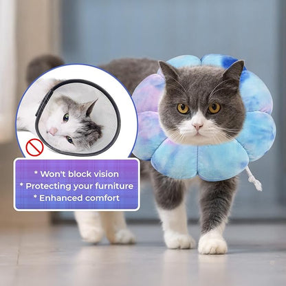 Flower Cat Cone, Uadonile Adjustable Cat Cone Collar, Soft Dog Elizabethan Collar Recovery E Collar After Surgery, Recovery E-Collar for Kittens/Puppies and Cats Recovery(Tie-dye Purple Blue, L) Uadonile