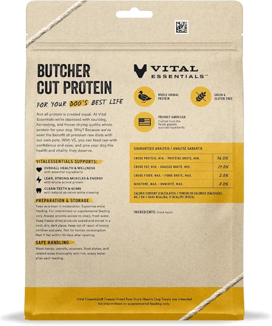 Vital Essentials Freeze Dried Raw Single Ingredient Dog Treats, Duck Hearts, 10 oz | Premium Quality High Protein Training Treats | Grain Free, Gluten Free, Filler Free - PAWPICO