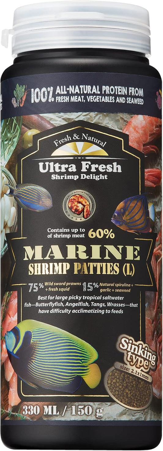 Ultra Fresh Marine Fish Food, 75% Sword Prawns + Squids, Natural Protein, Color Enhancement, for Large Saltwater Fish, Marine Shrimp Patties L 5.29oz UltraFresh-ShrimpDelight