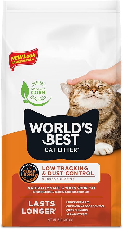 WORLD'S BEST CAT LITTER Low Tracking & Dust Control Multiple Cat Unscented 15-Pounds - Natural Ingredients, Quick Clumping, Flushable & Made in USA - Long-Lasting Odor Control & Easy Scooping - PAWPICO