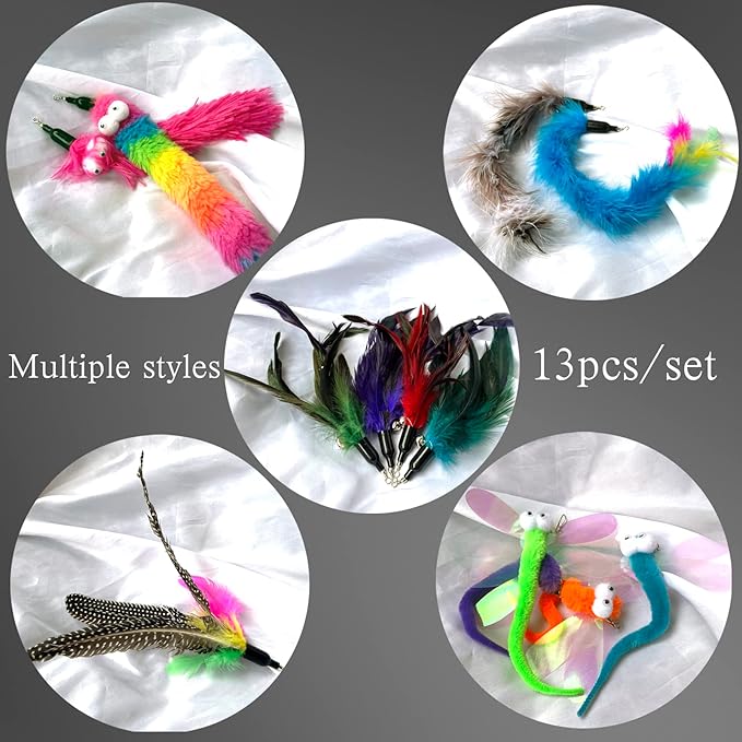 Cat Worm Toy Refills Cats Teaser Toys Wand Replacement Cat Wand Attachments 13Pcs Cat Worms and Dragonfly Refill,Cat Wand Toy Assorted Teaser Refills with Bell (13Pcs) - PAWPICO