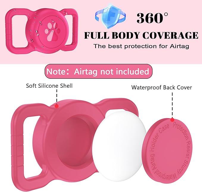 SANKALA Airtag Dog Collar Holder, [1 Pack] Waterproof Airtag Collar Holder for Dog, Silicone Full Body Covered Anti-Lost Protective Apple Airtag Case for Pet Collar - Fits All Width Collars, Rose SANKALA