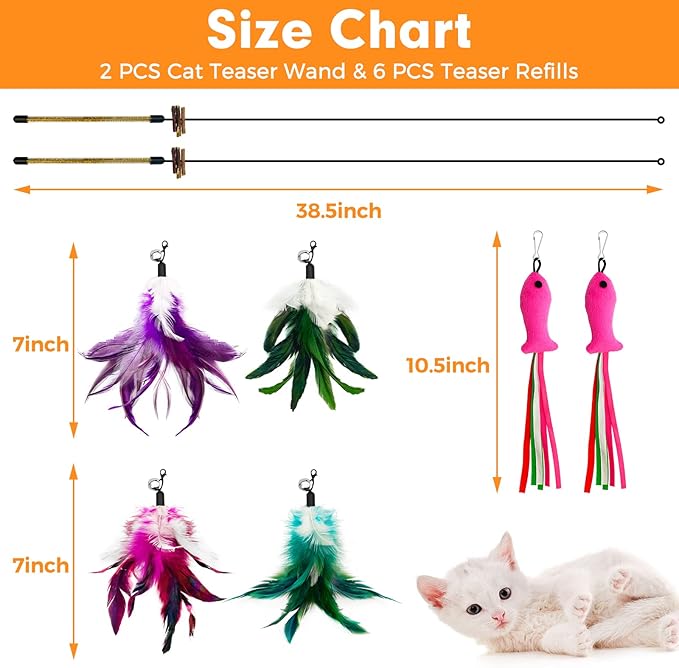 Cat Wand Toy, Cat Feather Toys with Silvervine & Bells, 2 * Cat Teaser Wand & 6 * Teaser Refills, Extra Long 38.5" Wire Cat Wand, Cat Toy for Indoor Cats & Kitten & Kitty - PAWPICO