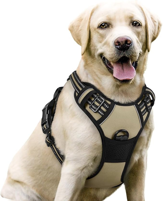 rabbitgoo Dog Harness No Pull with 2 Leash Clips, Adjustable Soft Padded, Reflective Oxford No Choke Pet Vest with Easy Control Handle for Large Dogs, Beige, L rabbitgoo