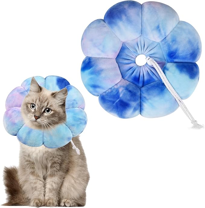 Flower Cat Cone, Uadonile Adjustable Cat Cone Collar, Soft Dog Elizabethan Collar Recovery E Collar After Surgery, Recovery E-Collar for Kittens/Puppies and Cats Recovery(Tie-dye Purple Blue, M) Uadonile