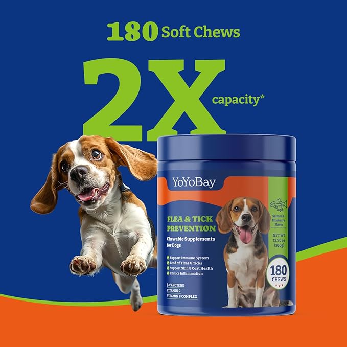 Flea and Tick Prevention for Dogs Chewable - 180 Soft Chews, Salmon & Blueberry Flavor - Dog Flea and Tick Treatment Chewable, Natural Defense- Dog Immune Support Supplement YoYoBay