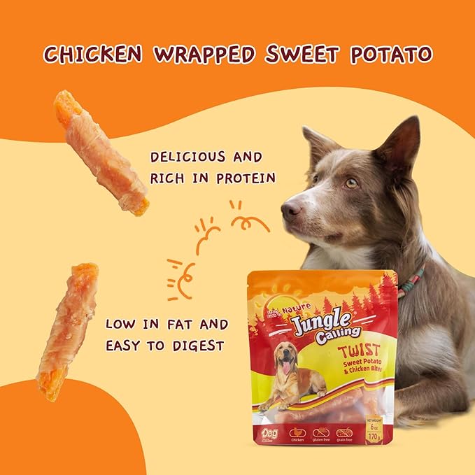 Jungle Calling Dog Treats, Skinless Chicken Wrapped Sweet Potato, Gluten and Grain Free, Chewy Dog Bites for Balanced Nutrition, 6 oz - PAWPICO