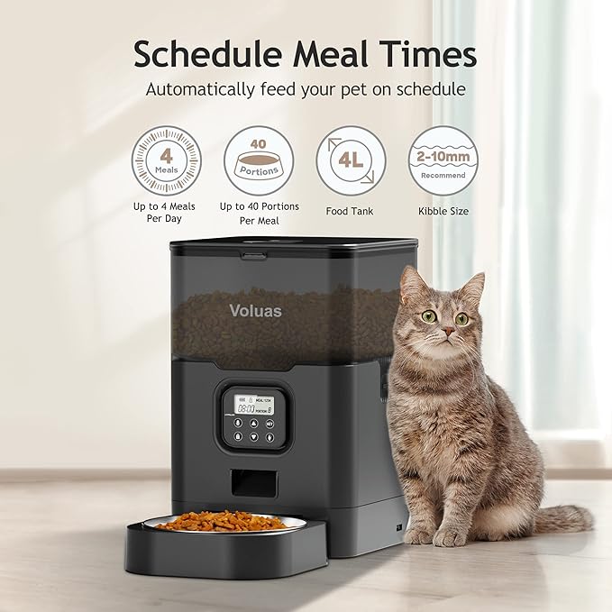 VOLUAS Automatic Cat Feeders - Dry Food Dispenser with Timer, Desiccant Bag, Programmable Portion Size Control 4 Meals Per Day, 10s Voice Recorder - PAWPICO
