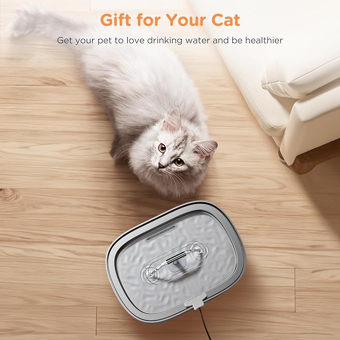 Cat Water Fountain Stainless Steel: 3.2L/108oz Pet Foundatin Water Bowl for Cats Inside Automatic Dog Drinking Dispenser Dish Animal Feeding & Watering Supplies Waterfall with 8 Replacement Filters - PAWPICO