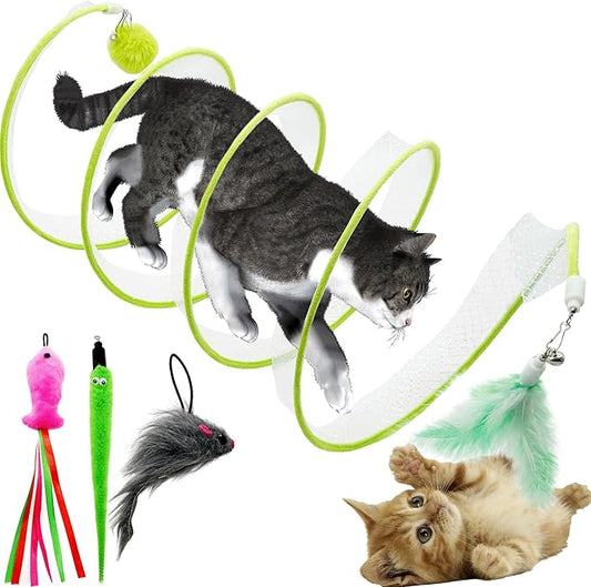 Spiral Tunnel Cat Toy, Self Play Cat Hunting Spiral Tunnel Toy Spiral Cat Toy, Folded Cat Tunnel Spring Toy for Indoor Cats (Green) - PAWPICO