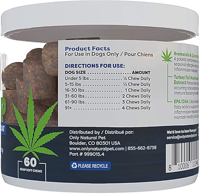 Only Natural Pet Allergy, Skin & Coat Hemp Soft Chews - Allergy Immune Bites for Dogs, Omega 3 Supplement, Hemp Oil - Calming Treats for Itchy Skin Relief, Hot Spot - (60 Count) OnlyNaturalPet
