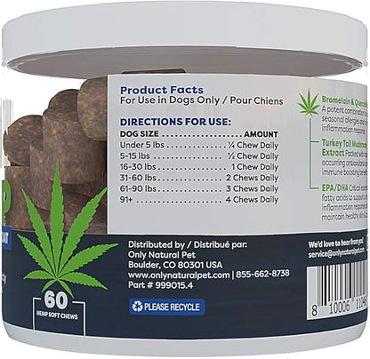 Only Natural Pet Allergy, Skin & Coat Hemp Soft Chews - Allergy Immune Bites for Dogs, Omega 3 Supplement, Hemp Oil - Calming Treats for Itchy Skin Relief, Hot Spot - (60 Count) OnlyNaturalPet
