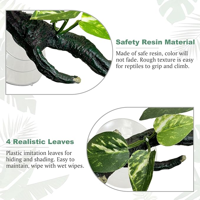 Fhiny Snake Climbing Branch, 2 PCS Resin Reptile Branches for Climbing with Suction Cups Frog Terrarium Plants Reptile Tank Decor Accessories for Frog Corn Snake Lizard Bearded Dragon Gecko Fhiny