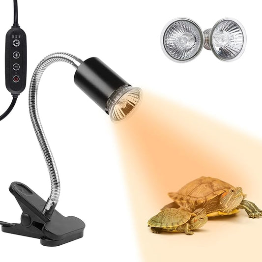 LUCKY HERP Reptile Heat Lamp with Clamp, Aquarium Turtle Tank Basking Light with 360° Rotatable Timing & Dimming and 2 Pack 50W UVA UVB Heat Light Bulb for Turtle Tortoise Lizard LUCKYHERP