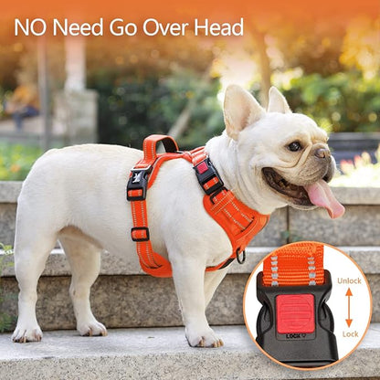 PoyPet No Pull Dog Harness, No Choke Reflective Dog Vest, Adjustable Pet Harnesses with Easy Control Padded Handle for Small Medium Large Dogs(Orange Matching Trim,M) PoyPet