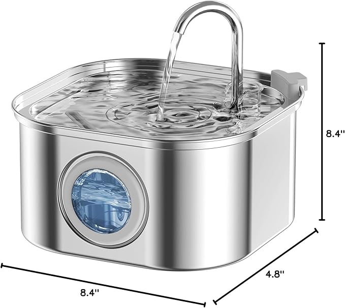Cat Water Fountain, 3.2L/108oz Stainless Steel Pet Water Fountain, cat Fountain with Super Quiet &Transparent Window Design- Water Fountains for Cats Indoor - PAWPICO