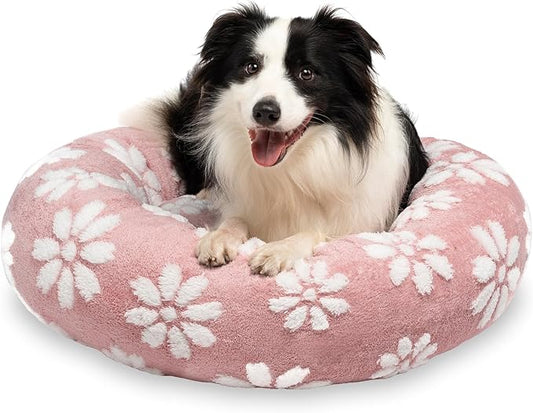 Donut Dog Beds for Medium Dogs, Calming Round Cat Beds for Indoor Cats, Cute 3D Textured Flower Pet Bed with Removable Washable Cover and Anti-Slip Bottom（Pink，30"） - PAWPICO