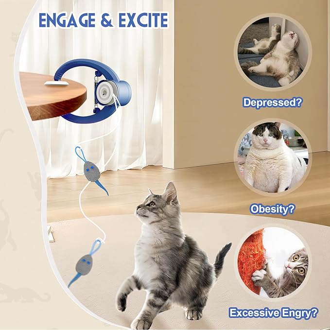 Cat Toy Interactive for Indoor Cats, Smart USB Rechargeable Door Hanging Automatic Retractable Kitten Toys, Teaser Electronic Self Play Feather Cat String Toys Attached with 3 Catnip Mice Blue - PAWPICO