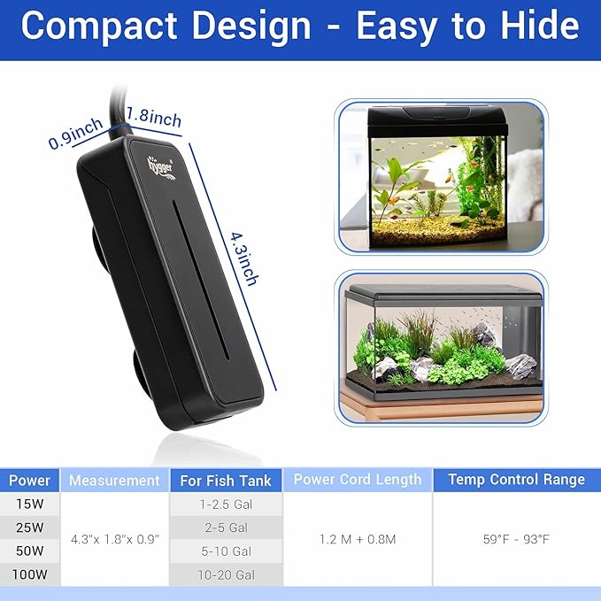 hygger Small Submersible Aquarium Heater 50W Mini Betta Fish Tank Heater with Thermostat for 5-10 Gallon Saltwater Freshwater hygger