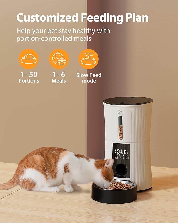 Petory Timed Automatic Cat Feeders - 4L Programable Dry Food Dispenser for Cats and Small Medium Dogs 6 Meals with Desiccant Bag Dual Power Supply 10S Voice Recorder - PAWPICO