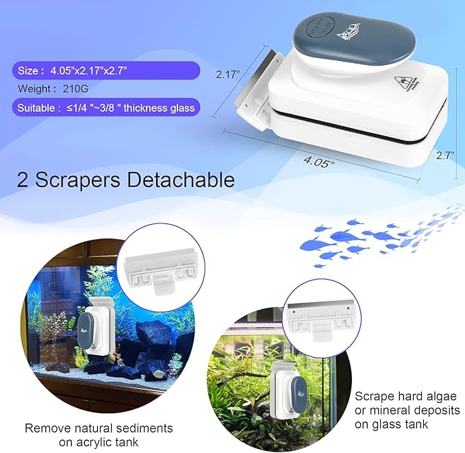 AQQA Aquarium Strong Magnetic Cleaner Brush, Fish Tank Glass Algae Magnet Cleaning Tool Floating Cleaner Scrubber Brush with 2 Detachable Scraper (Blue,M) AQQA