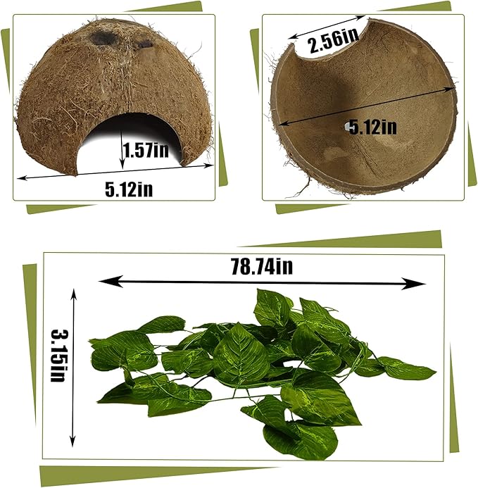 Hamiledyi Reptile Hideouts Natural Coconut Shells Hut Hermit Crab Climbing Toys Gecko Hide Cave Lizard Habitat Decor Plant Leaves Decoration for Spider Snake Chameleon (4Pcs) Hamiledyi