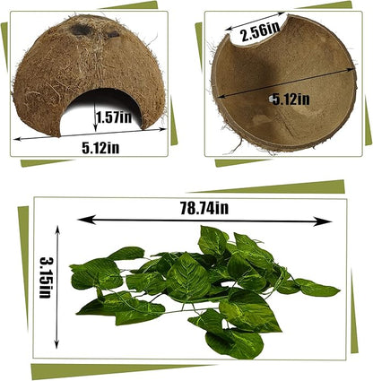 Hamiledyi Reptile Hideouts Natural Coconut Shells Hut Hermit Crab Climbing Toys Gecko Hide Cave Lizard Habitat Decor Plant Leaves Decoration for Spider Snake Chameleon (4Pcs) Hamiledyi