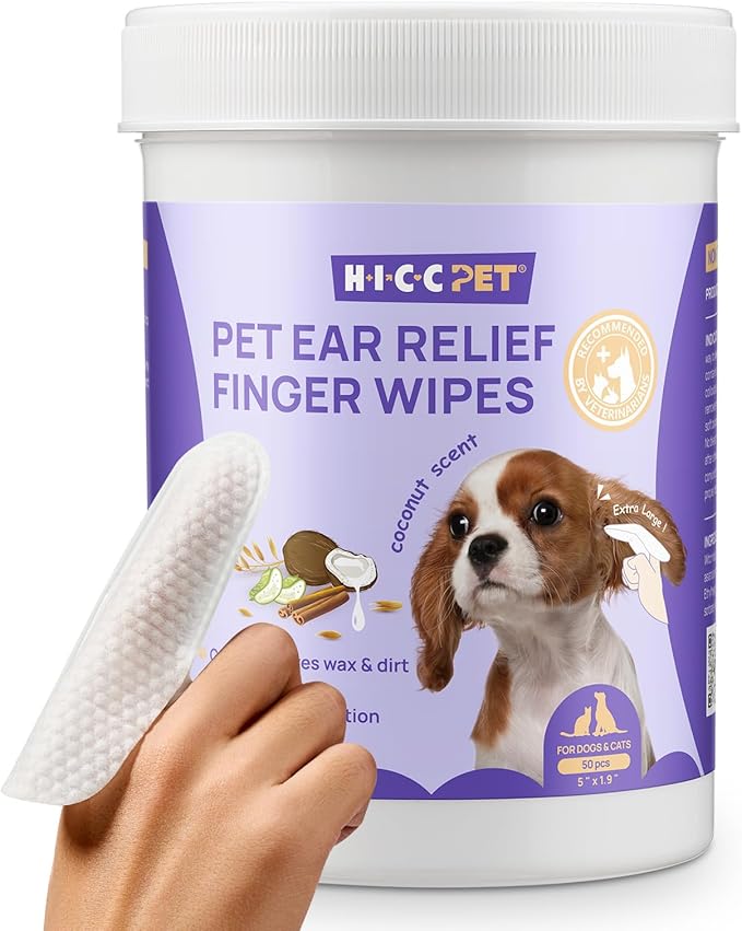 HICC PET Ear Finger Wipes for Dogs & Cats - Gently Remove Ear Wax, Debris - Sooths & Deodorizes - Relieve Ear Itching & Inflammation, Fresh Coconut Scent, All Natural Ingredients - 50 Count HICCPET