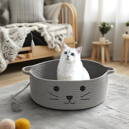 Cat Beds for Indoor Cats, Warm Soft Pet Bed Washable, Cute Cat Bed With Playing Rope Ball, Pet Gift Basket for Cat, Dog-15.7" L×5.9" H, Grey - PAWPICO