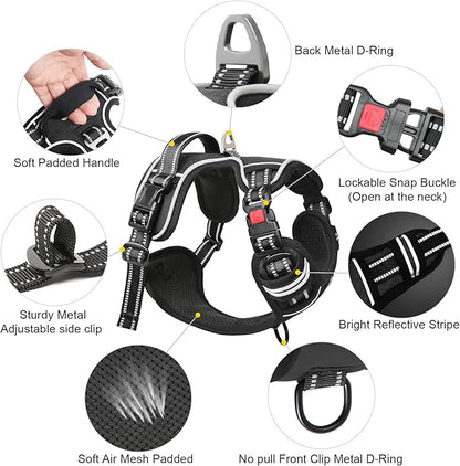 Timos Dog Harness, No-Pull Pet Harness with 2 Leash Clips, Adjustable Soft Padded Dog Vest, Reflective Outdoor Pet Oxford Vest with Easy Control Handle Black Timos