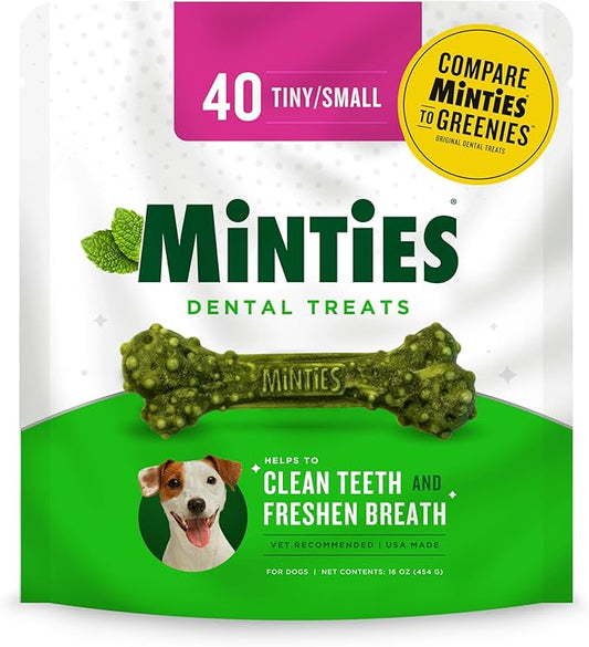 Minties Dental Chews for Dogs, 40 Count, Vet-Recommended Mint-Flavored Dental Treats for Tiny/Small Dogs 5-24 lbs, Dental Bones Clean Teeth, Fight Bad Breath, and Removes Plaque and Tartar Minties