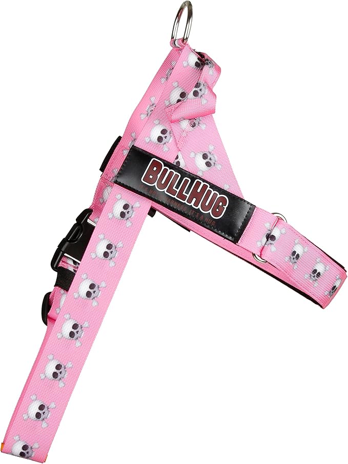 BULLHUG Harness – Made for Larger Chested Dogs Like English Bulldogs, French Bulldogs, Pugs & More. Stops Dogs from Pulling & Choking on Walks (Pink Skull, XL) BULLHUG