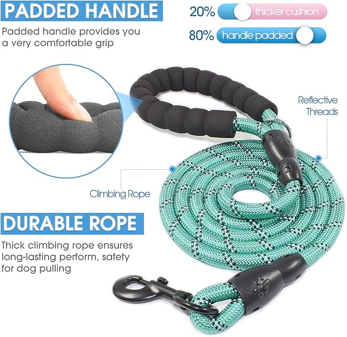 BAAPET 2/4/5/6 FT Dog Leash with Comfortable Padded Handle and Highly Reflective Threads for Small Medium and Large Dogs (6FT-1/2'', Turquoise) BAAPET