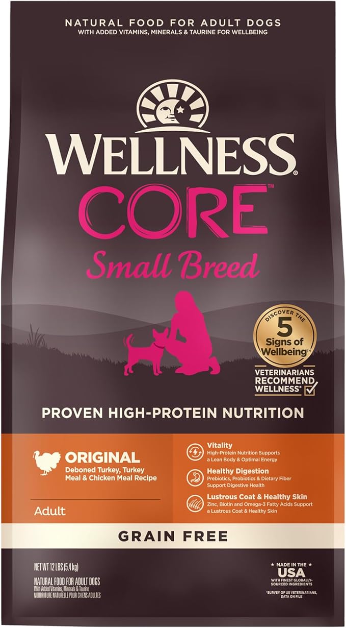 Wellness Natural Pet Food CORE Natural Grain-Free Small Breed Turkey & Chicken Dry Dog Food for Adult Dogs, High-Protein, USA-Made with Real Meat, 12-Pound Bag - PAWPICO