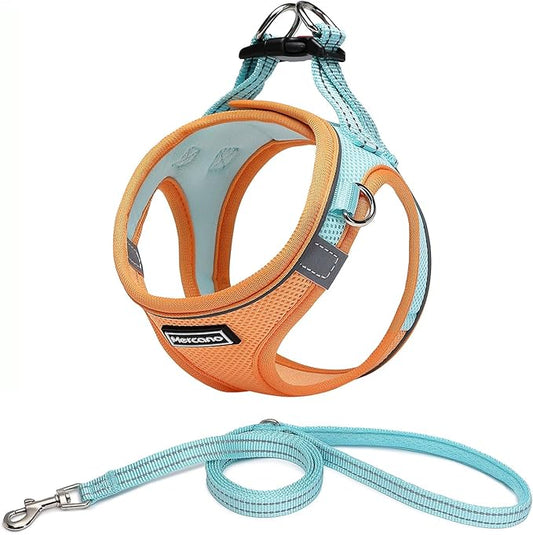 Mercano Soft Mesh Dog Harness and Leash Set, No-Chock Step-in Reflective Breathable Lightweight Easy Walk Escape Proof Vest Harnesses with Safety Buckle for Small Medium Dogs, Cats (XS, Orange Blue) PAWPICO