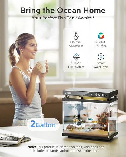 Fish Tank Smart Aquarium Kit: 2 Gal UHD Glass Silent Water Pump Self Cleaning System Temperature Monitoring Essential Oil Diffuser with Humidifier 7 Color Lights Multi-Layer Filtration System Black URUQ