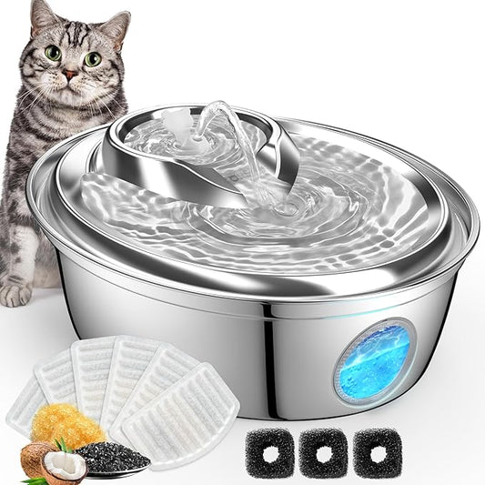ORSDA Stainless Steel Cat Water Fountain, Automatic Pet Drinking Fountain, 67oz/2L Dog Pet Water Dispenser with Visual Water Level Window for Cats and Small Dogs- 9Pcs Filters (D36) - PAWPICO