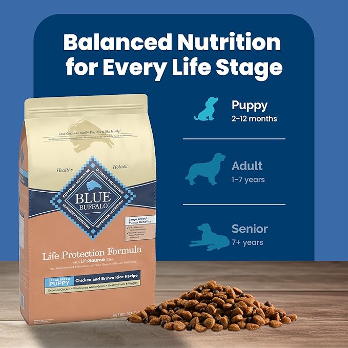 Blue Buffalo Life Protection Formula Large Breed Puppy Dry Dog Food with DHA, Vital Nutrients & Antioxidants, Made with Natural Ingredients, Chicken & Brown Rice Recipe, 30-lb. Bag - PAWPICO
