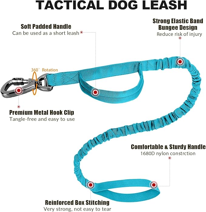 Tactical Dog Collar and Bungee Leash,Military Dog Collar & Leash Set with USA American Flag Adjustable K9 Collar with Heavy Duty Metal Buckle & Handle,with Patches and Airtags Case (Light Blue, L) Celifelight