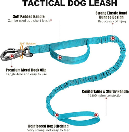 Tactical Dog Collar and Bungee Leash,Military Dog Collar & Leash Set with USA American Flag Adjustable K9 Collar with Heavy Duty Metal Buckle & Handle,with Patches and Airtags Case (Light Blue, L) Celifelight