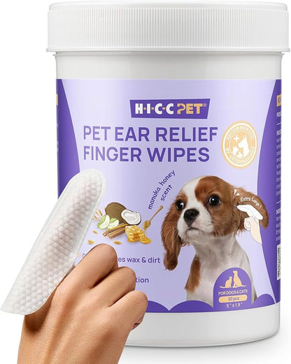 HICC PET Ear Finger Wipes for Dogs & Cats - Gently Remove Ear Wax, Debris - Sooths & Deodorizes - Relieve Ear Itching & Inflammation, Honey Scented, All Natural Ingredients - 50 Count HICCPET