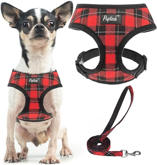 PUPTECK Soft Mesh Dog Harness and Leash Set Pet Puppy Cat Comfort Padded Vest No Pull Harnesses, Red&Black, XS PUPTECK