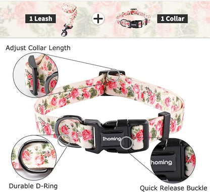 Ihoming Dog Collar and Leash Set for Daily Outdoor Walking Running Training, Pink Flowers Design for Medium Boys Girls Dogs Cats Pets, M-Up to 45LBS Ihoming