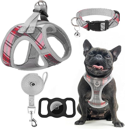 EXPAWLORER Classic Plaid Puppy Harness - Small Dog Harness and Leash Set - Dog Collar and Leash Set with AirTag Holder, Soft Padded Step in Dog Vest Harness No Pull Reflective for Outdoor, Grey XS EXPAWLORER