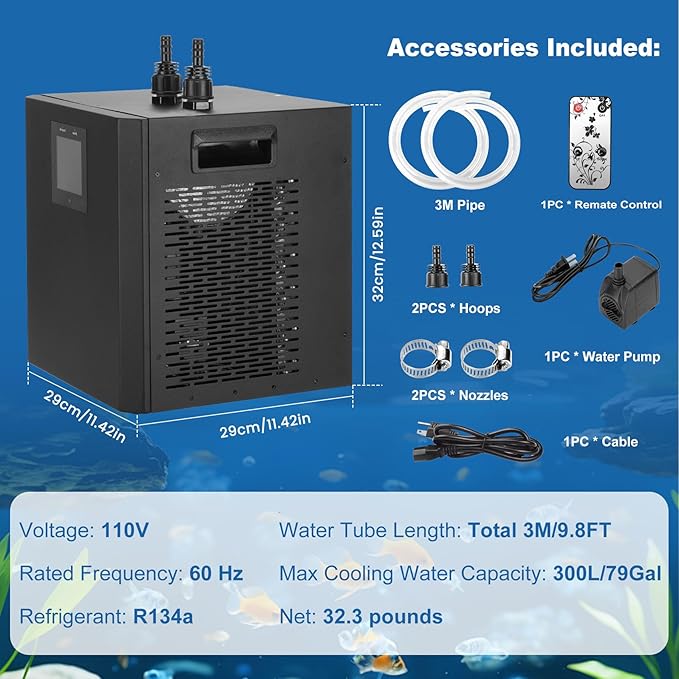 Aquarium Chiller 79Gal, 1/3HP Water Chiller, Fish Tank Chiller, Hydroponic Water Chiller for Axolotl, Aquarium Cooler with LED Display, Pipe, Water Pump, Remote Control(<300L) PAWPICO