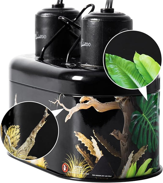 REPTI ZOO Nano Combo Print Tropical Desert Reptile Dual Deep Dome Lamp Fixture for Reptile Max 40 Watts Max Bulb Height 4 in Per Socket UVB Light Fixture Dual Lamp Cap Combo Integration Design REPTIZOO