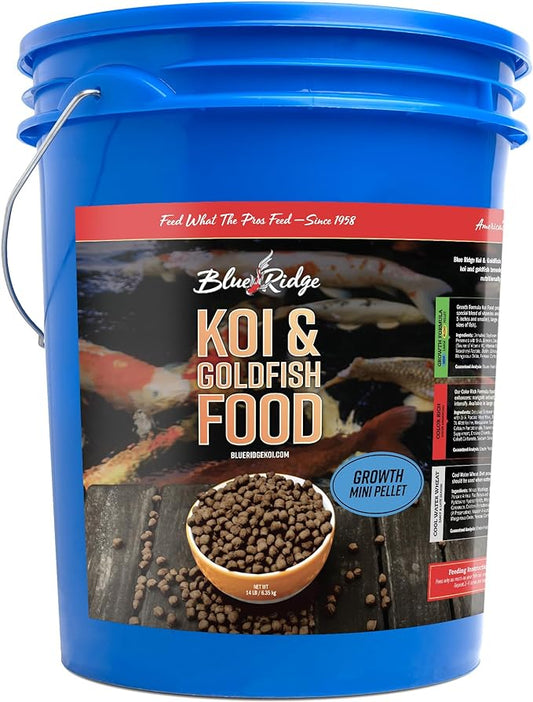 Blue Ridge Koi Fish Food 14lb - Koi Food Mini Growth Formula Goldfish Food, Premium Fish Food for Ponds, Ponds Fish Food, Koi Food Fall and Winter Fish Food, Floating Pond Pellets Fish Food BlueRidgeFishHatchery
