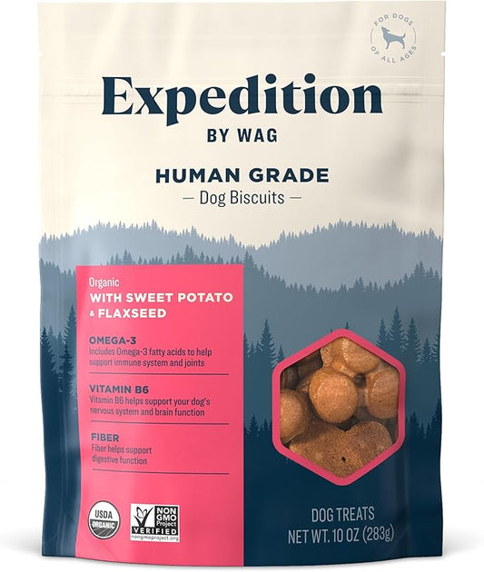 Amazon Brand - Wag Expedition Human Grade Organic Biscuits Dog Treats, Non-GMO, Sweet Potato & Flaxseed, 10oz - PAWPICO