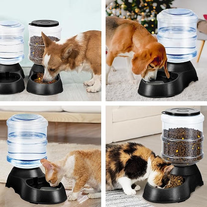 2 Pack Automatic Cat Feeder and Water Dispenser in Set Pet Food Bowl for Small Medium Dog Pets Puppy Kitten Big Capacity 1 Gallon x 2 (Dark Black) - PAWPICO