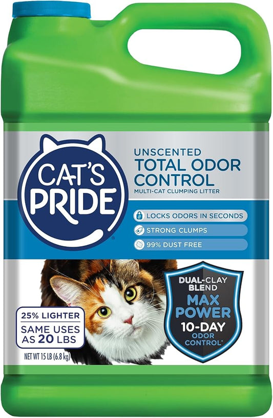 Cat's Pride Max Power: Total Odor Control - Up to 10 Days of Powerful Odor Control - Strong Clumping - Hypoallergenic - 99% Dust Free - Multi-Cat Litter, Unscented, 15 Pounds - PAWPICO